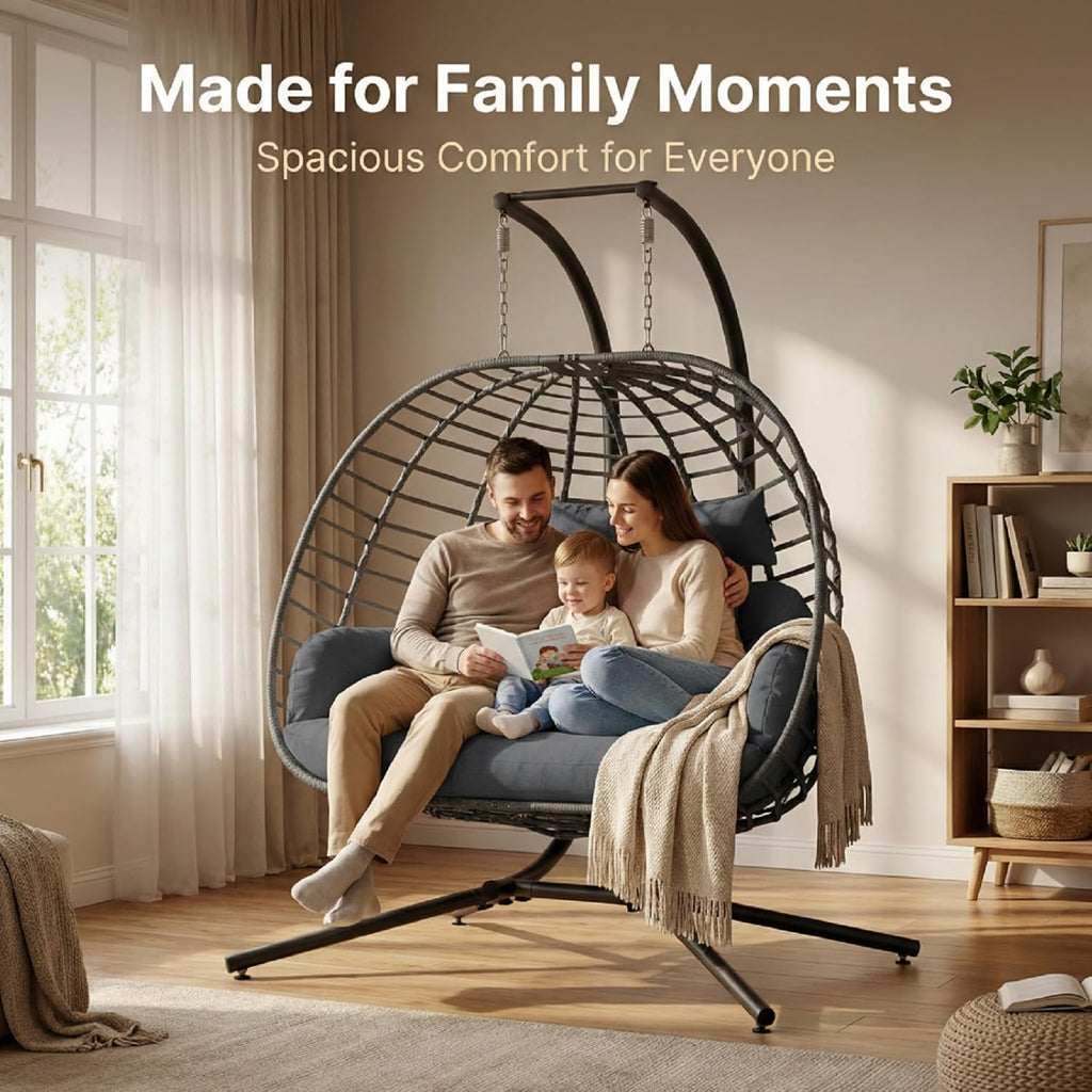 Double Wicker Hanging Egg Chair with Stand