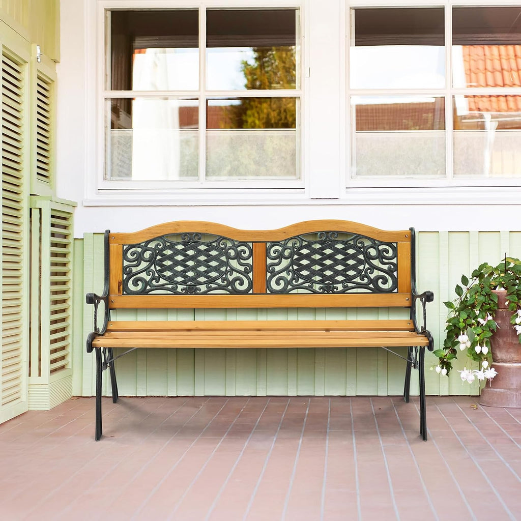 Cast Iron Teak Outdoor Garden Bench