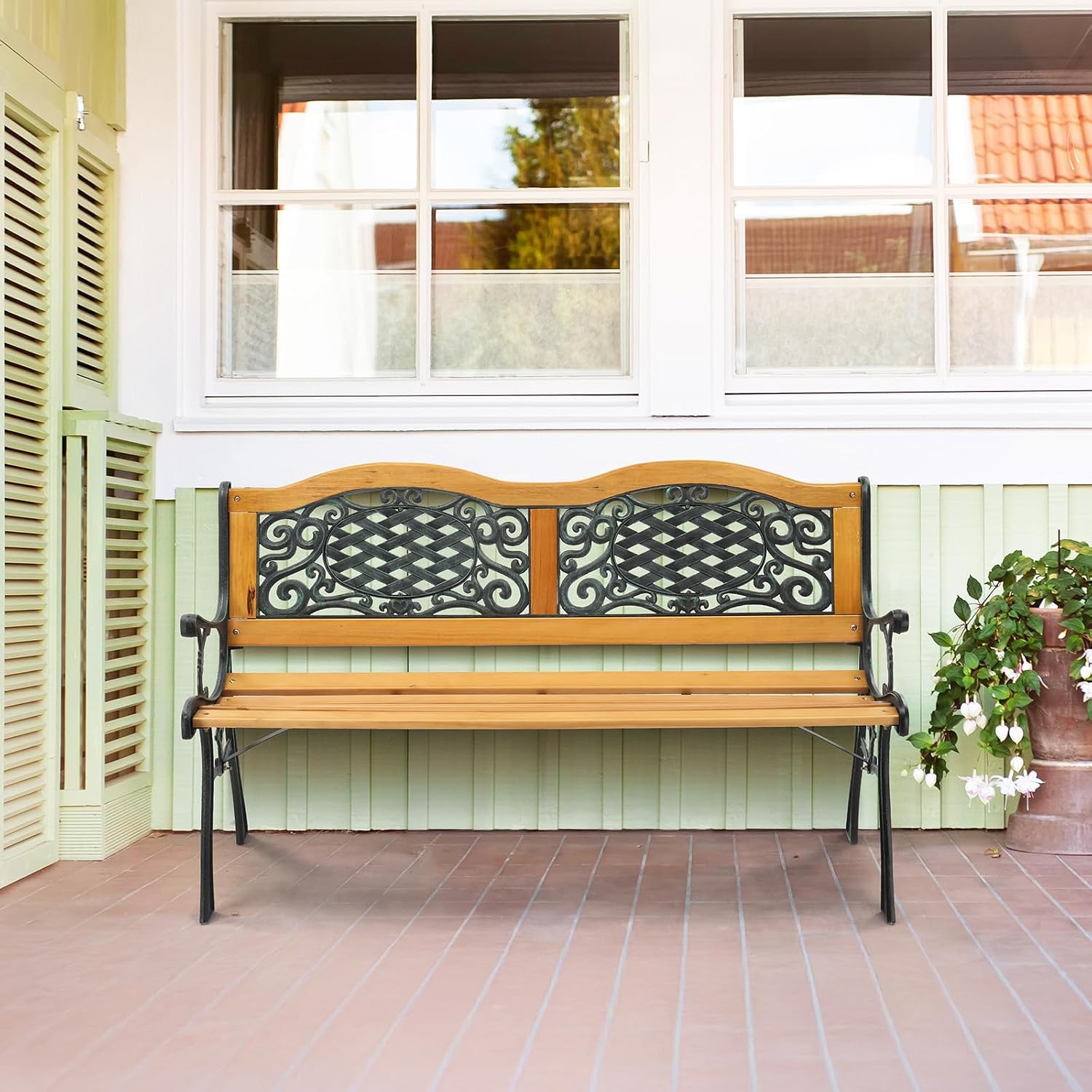 Cast Iron Teak Outdoor Garden Bench