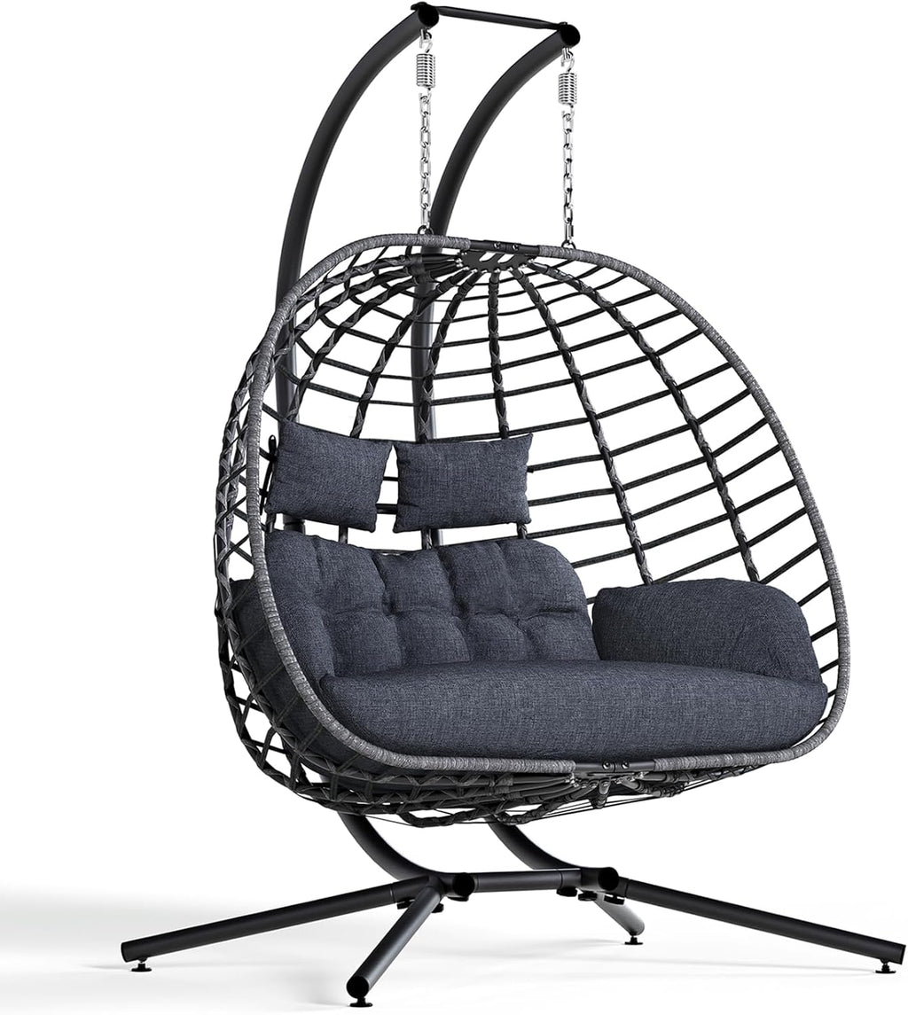 Double Wicker Hanging Egg Chair with Stand
