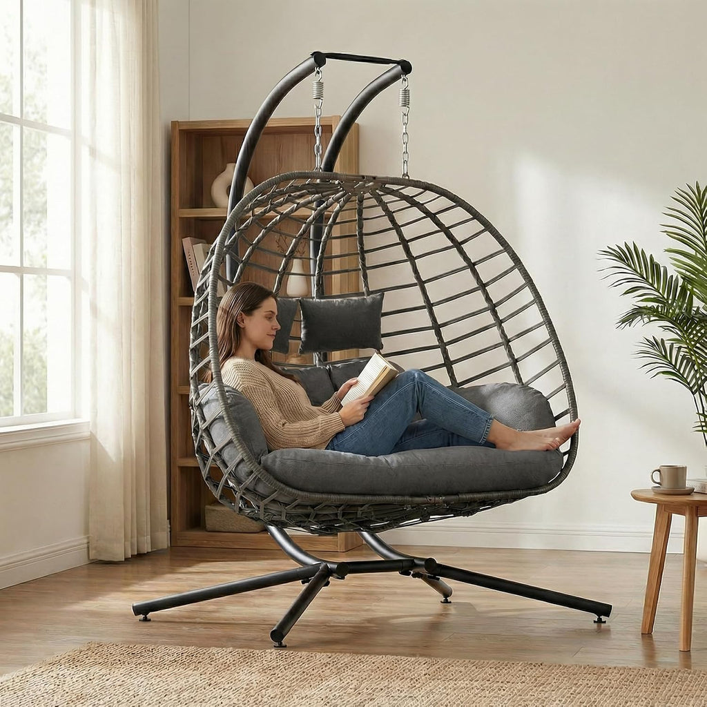 Double Wicker Hanging Egg Chair with Stand