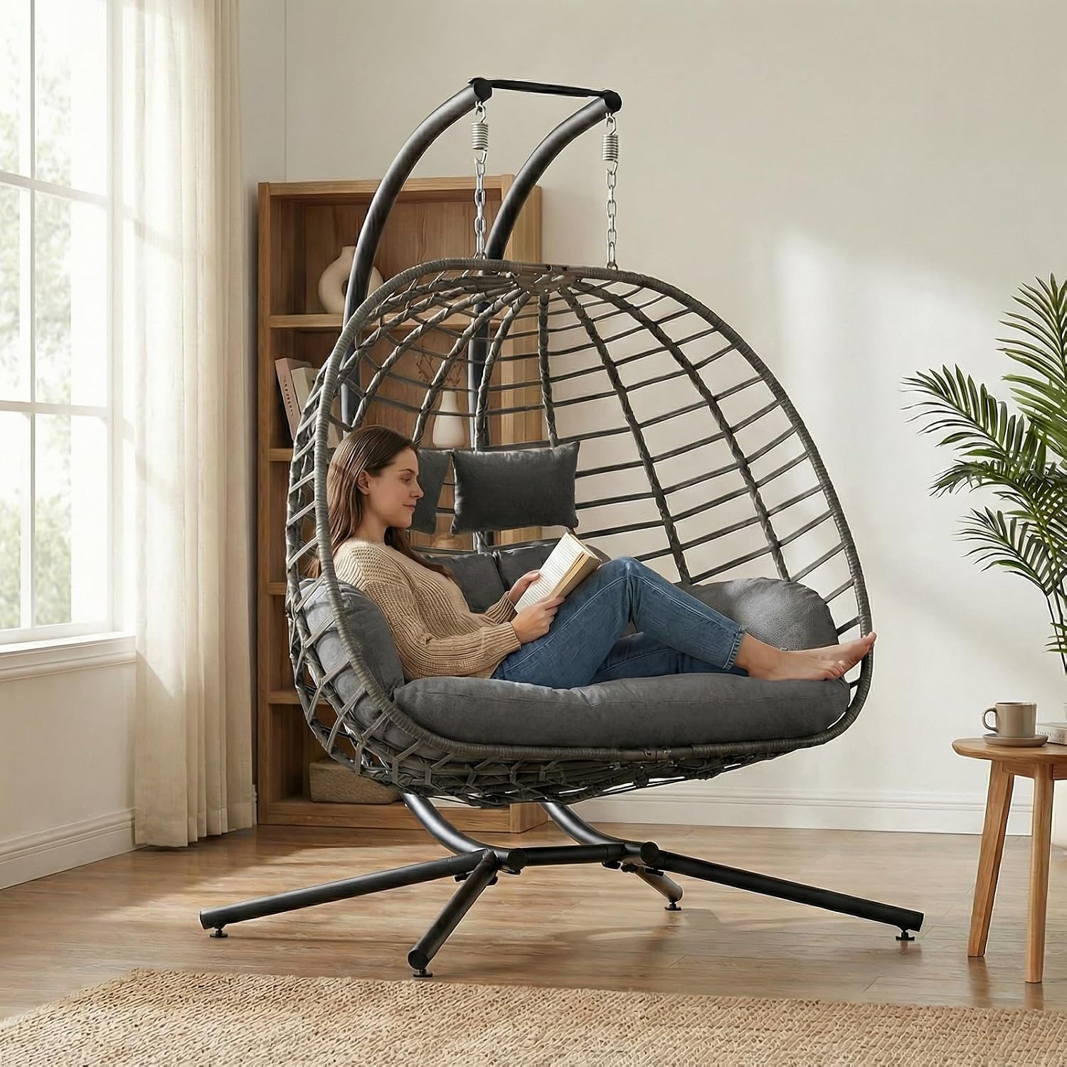 Double Wicker Hanging Egg Chair with Stand
