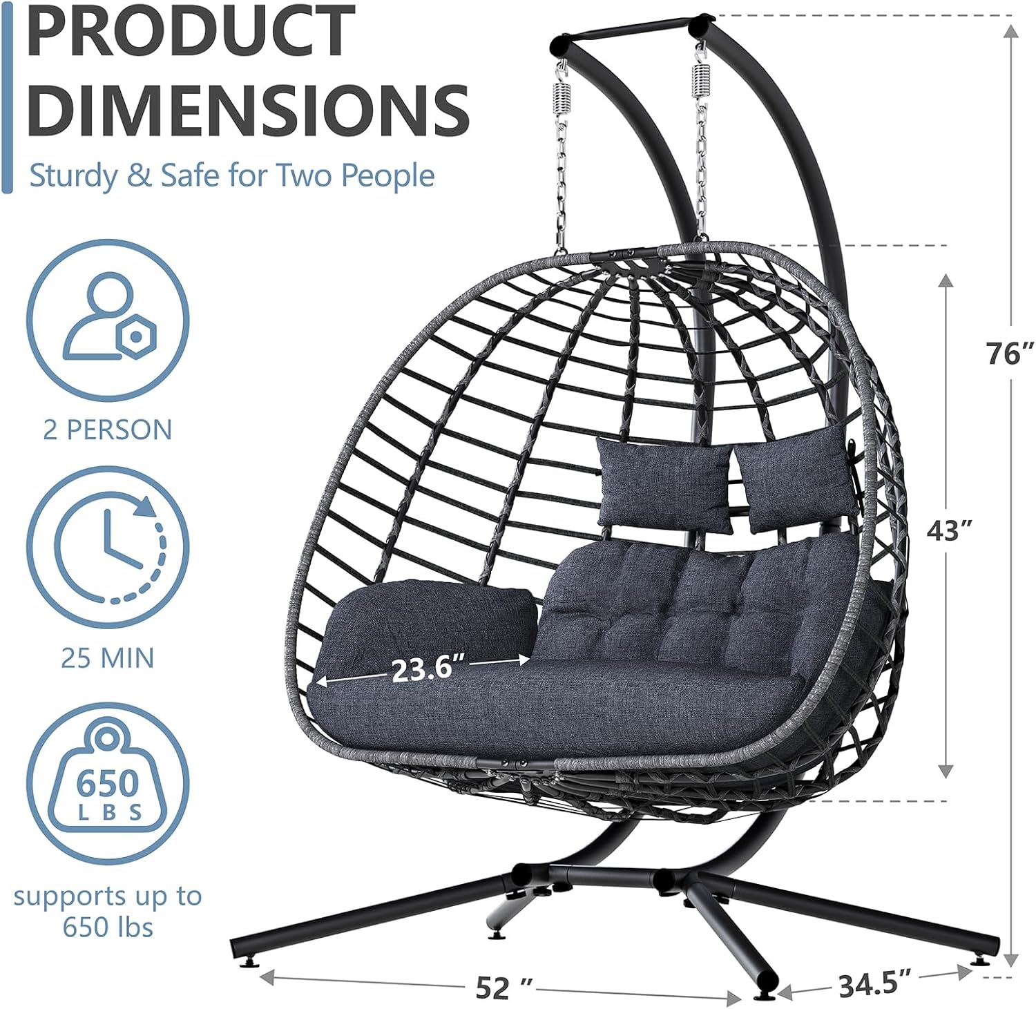Double Wicker Hanging Egg Chair with Stand