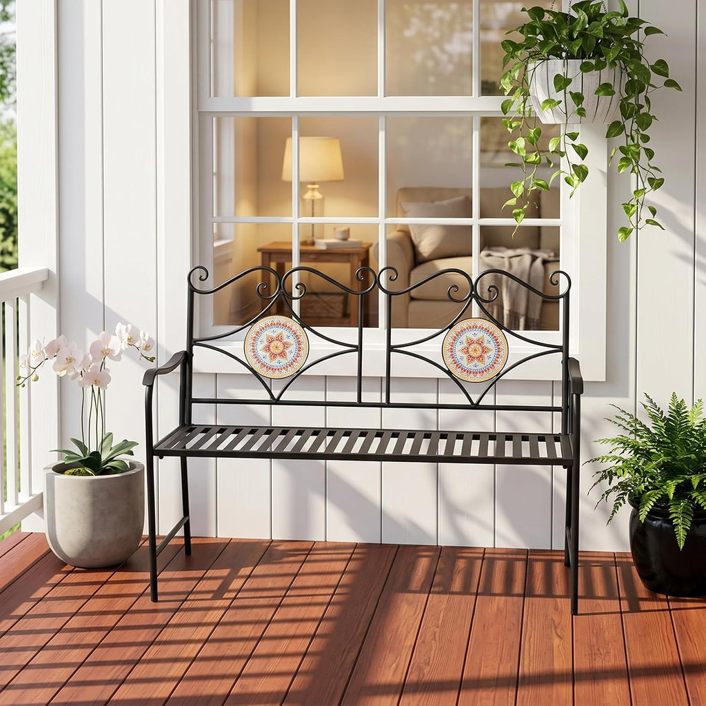 Mosaic Cast Iron Garden Bench