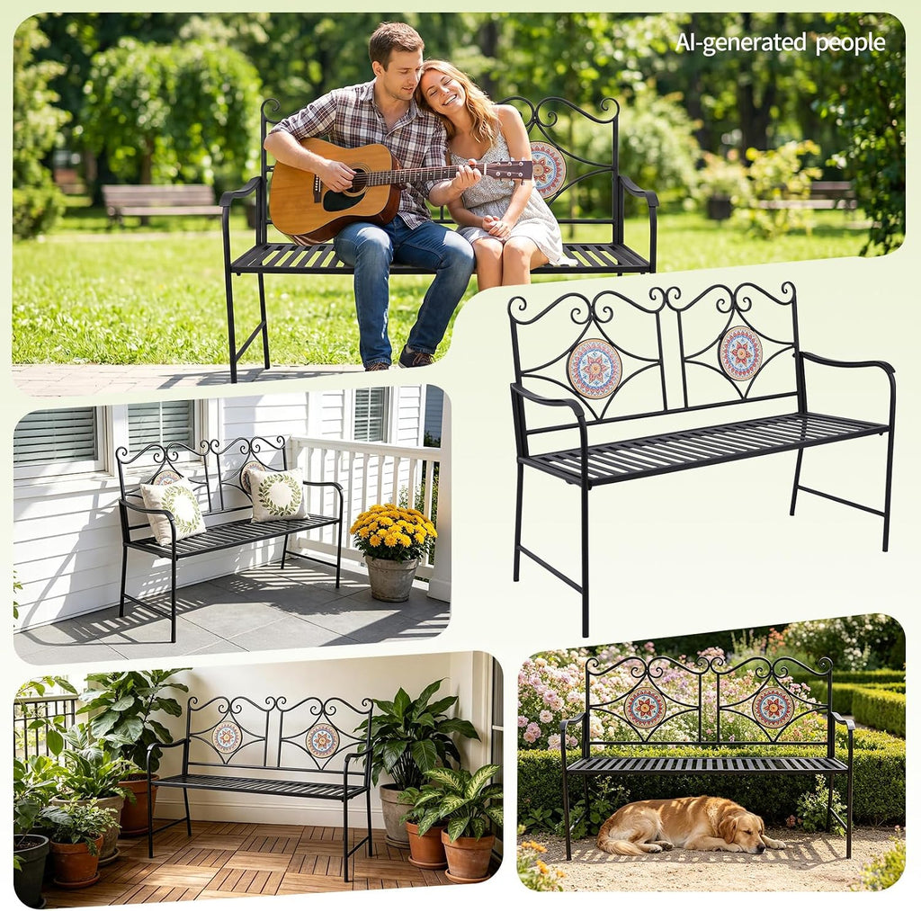 Mosaic Cast Iron Garden Bench