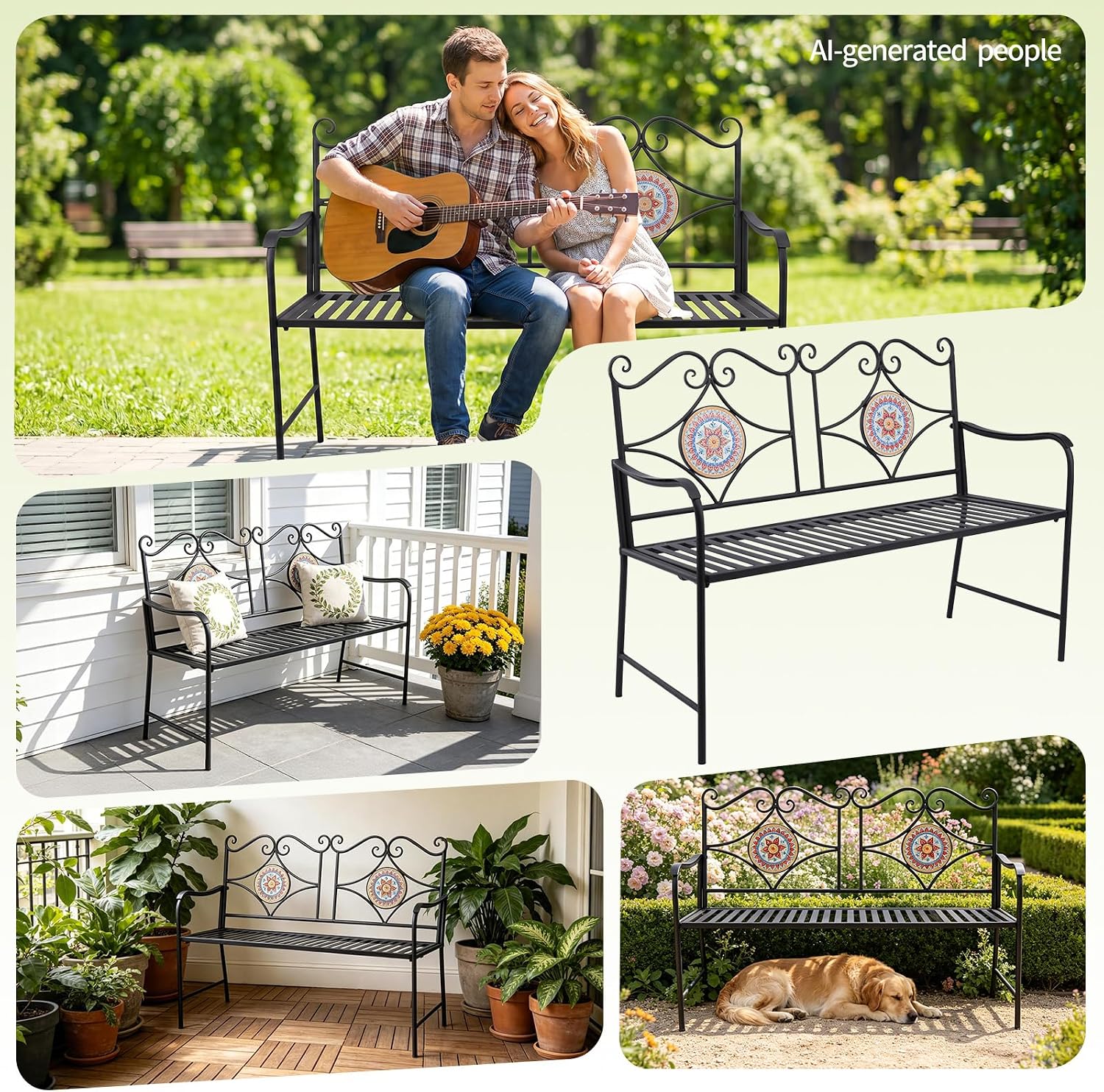 Mosaic Cast Iron Garden Bench