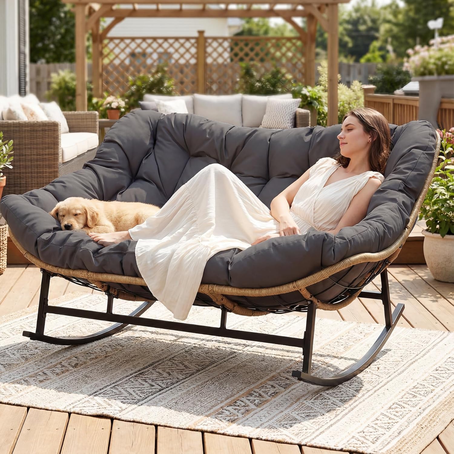 Double Wicker Rocking Papasan Chair