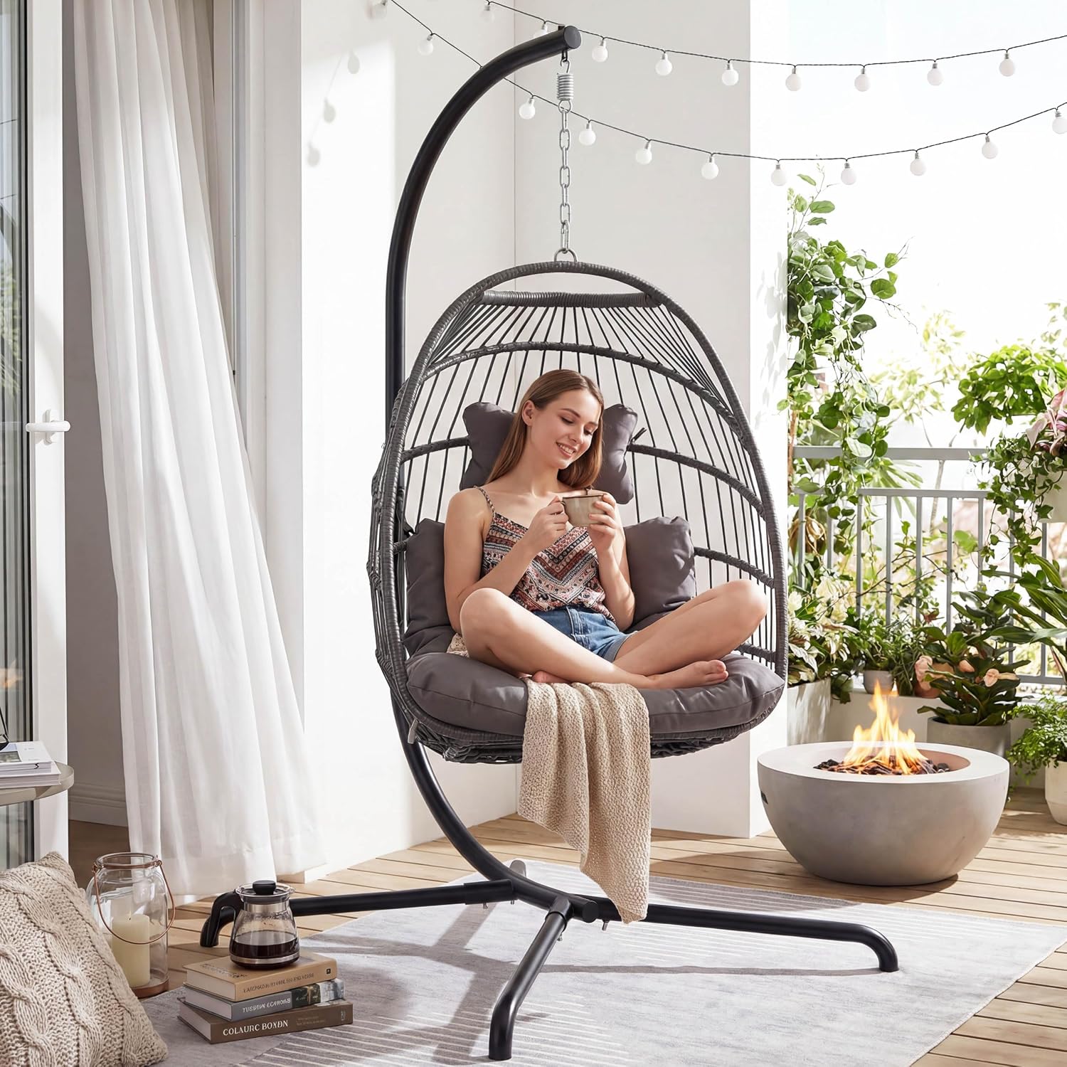 Wicker Hanging Egg Chair with Stand